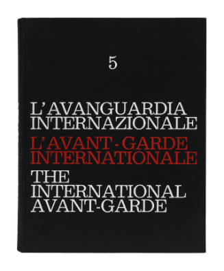 Red and white text reading “The International Avant-Garde” in Italian, French, and English