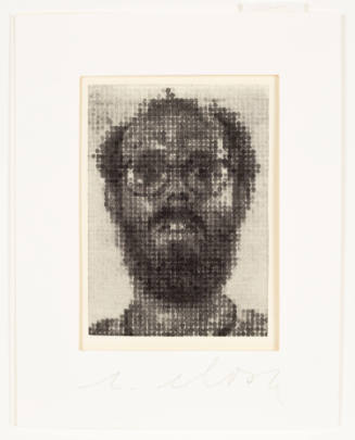 Shaded monochromatic dots arranged in a grid form the head of a bearded, bespectacled figure