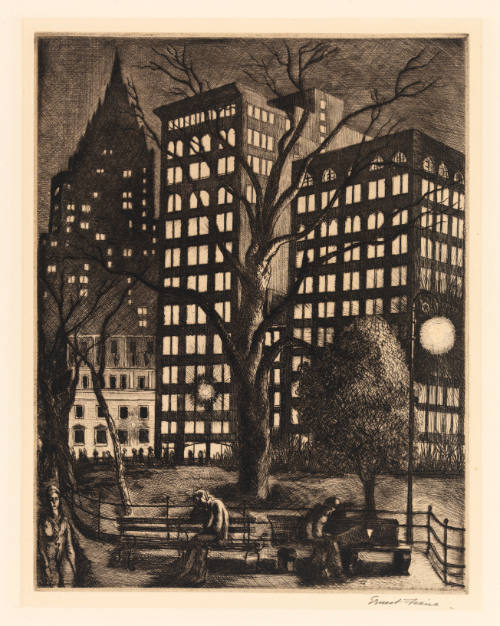 Night scene in park with person walking, two people sitting on benches, and buildings in background