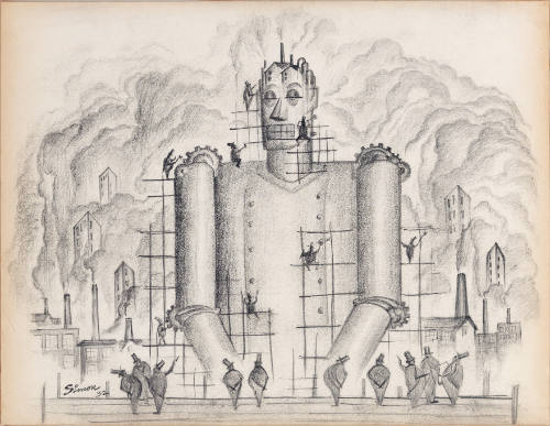 Bust of metal robot with many small figures climbing and looking at it, and smoke in the background