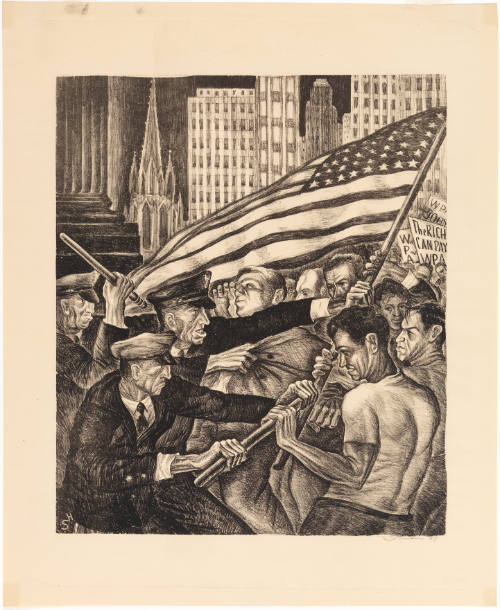 Police push back a crowd protesting with an American flag. Sign reads "The Rich Can Pay WPA"