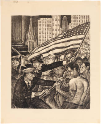 Police push back a crowd protesting with an American flag. Sign reads "The Rich Can Pay WPA"