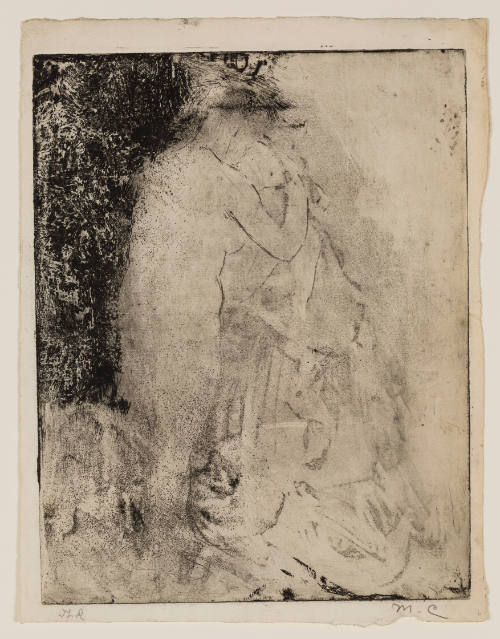 Blurry sketch of a person seen from the back, holding a cloth, standing in front of shadow
