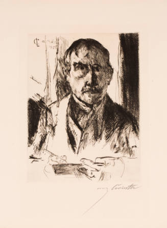 Expressive bust-length portrait of a man with mustache wearing a suit and drawing 