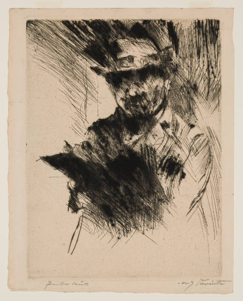 Expressive portrait of a man with mustache wearing a hat and coat; black splotches of ink at center 