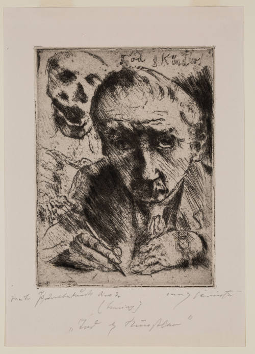 Expressive bust-length portrait of a man sketching with distorted face and skull in background 