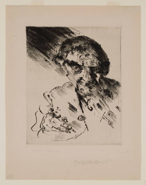 Expressive bust-length portrait of a man sketching with distorted and blurred face 