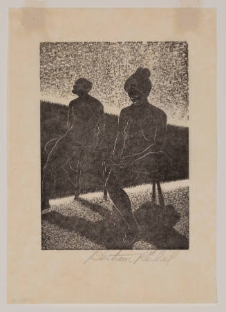 Black-and-white print with two seated nude figures, one facing forward and one facing backward