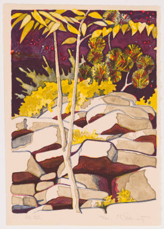 Print of tree-covered rock pile in purple, yellow, and neutral tones