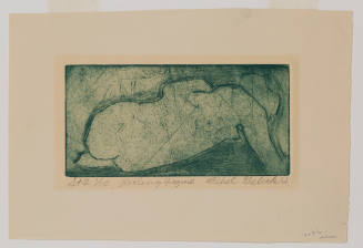 Etching in green of person who appears to be nude, laying down with back toward viewer