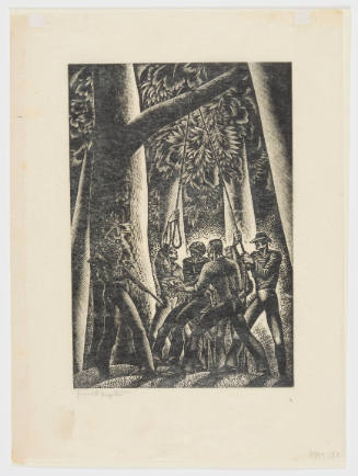 Man holding a gun while others prepare a rope on a tree for lynching and hold one person captive 