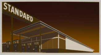 Brown landscape with a gas station represented at an extreme angle and sign reading "STANDARD"