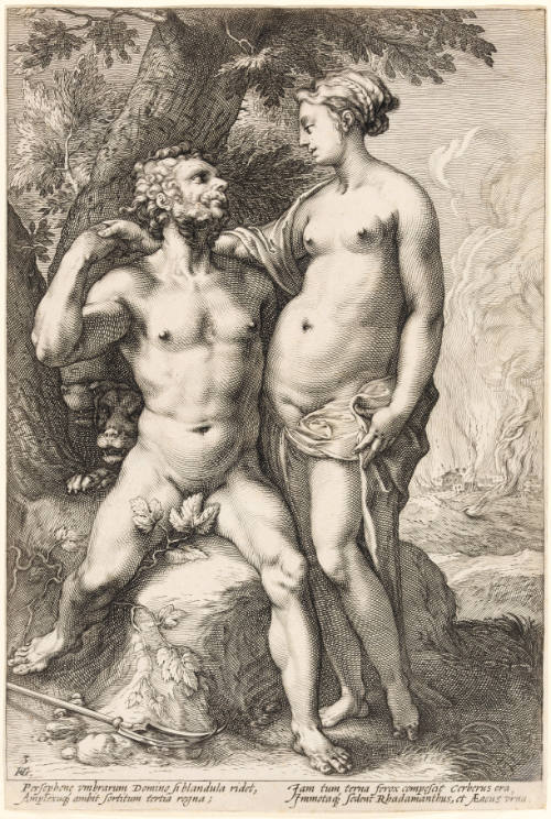 Classicized representation of seated nude man and standing nude woman looking into each other’s eyes
