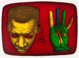 Two-part, colorful composition: on left, a mask-like golden face and, on right, a glove with a cross