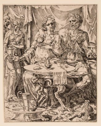 Print of couple from antiquity seated at table with pitcher and two figures in background