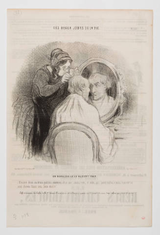 Caricature of a woman with glasses examining the hair of a seated man who gazes in the mirror