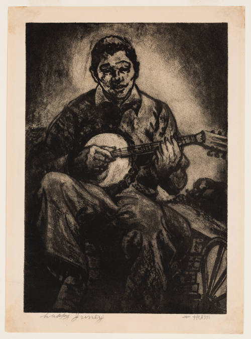 Sepia-toned image of a seated man smiling and playing a banjo