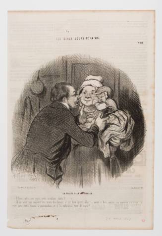 Caricature of man in jacket reaching out toward distraught baby, who is being held by woman in bonne