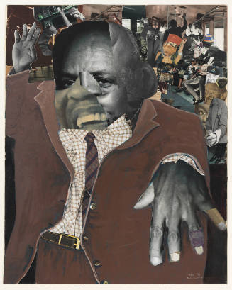 Collaged image of a dark-skinned man in a suit with cutouts of figures and architecture behind him