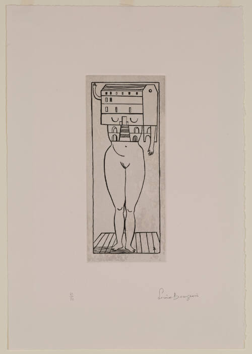 Line drawing with figure whose bottom half is a female nude, and the top a home with arms