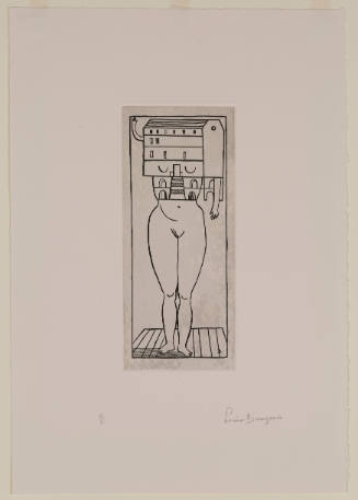 Line drawing with figure whose bottom half is a female nude, and the top a home with arms