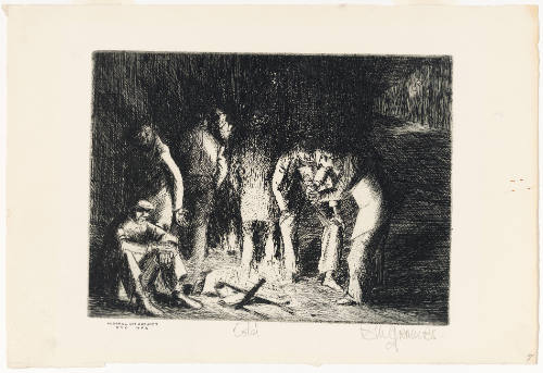 High contrast black-and-white print of six people outdoors warming themselves around a fire