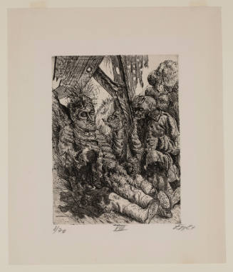 War scene with soldier who has right arm blown off and another beside him with a skull-like face