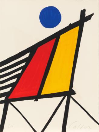 A blue orb rises over intersecting lines that form two vertical rectangles, one red and one yellow