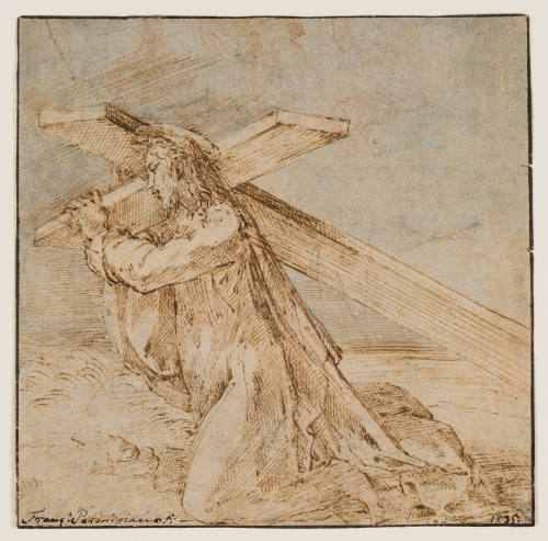 Depiction of a haloed Christ kneeling and carrying a large cross on his shoulder