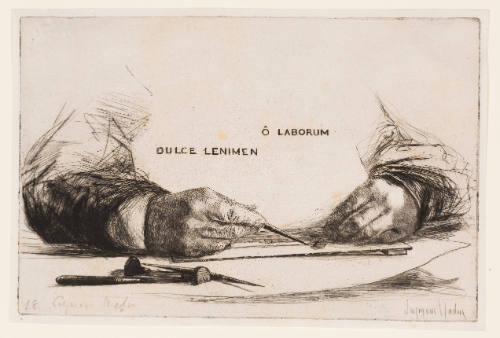 Close-up of hands etching with tools and the words "Dulce Lenimen O Laborum" floating above
