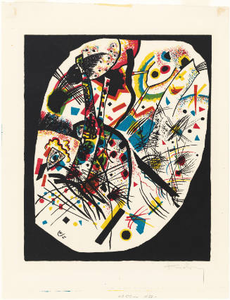 Abstract print of angular shapes and primary colors in a white oval, surrounded by black