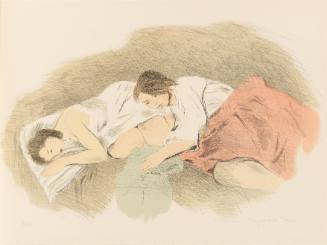 Two light-skinned young figures laying down with legs bent, one laying on the thighs of the other