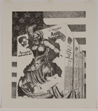Aunt Jemima busts through the front of a pancake and waffle mix box. American flag in background