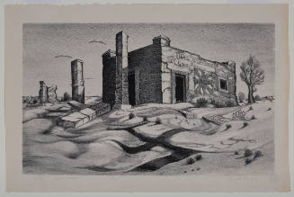 Black-and-white print of decaying gas station in a vast desert landscape