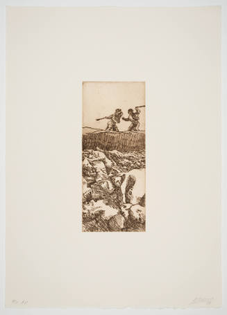Print with shadows of two men facing off with sticks on a ridge with pile of sunlit bodies below