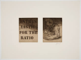 Print diptych: on left, text reads “ENTHUSIASTIC FOR THE RATIO” and, on right, a creature holds book