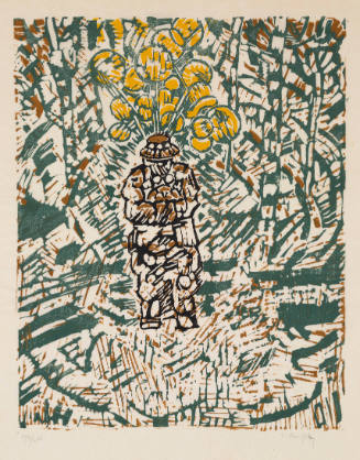 Human figure stands out from green background, what seems to be yellow flowers rise from behind them