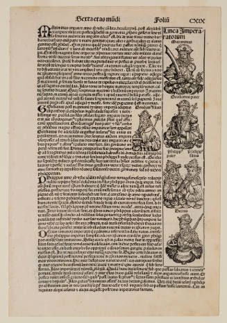 Printed book page with early modern text and busts of people holding swords and scepters at right