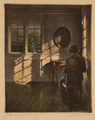 Seated woman in shadow with back towards viewer; sunlight streaming through a paned window