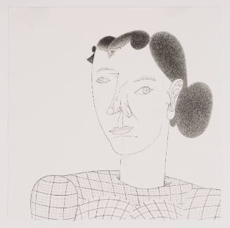 Linear rendering of cubist style portrait of a woman with hair in a bun and wearing tweed
