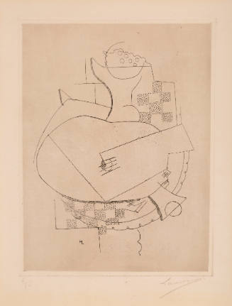 Cubist-style drawing of table, its surface faces the picture plane, with utensils and fruit bowl