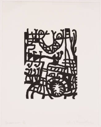 Lithograph of black abstract forms and lines, some netted, against a white background