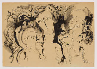 Three abstract, stylized faces facing us with long features and dark ink blots surrounding them