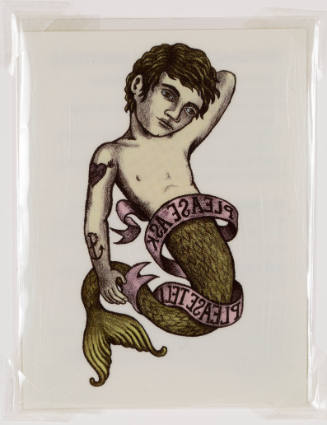 Young coquettish merman with sash encircling him with text “PLEASE ASK, PLEASE TELL”