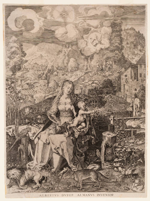 Infant Christ sits on Mary’s lap, surrounded by animals and a detailed landscape 
