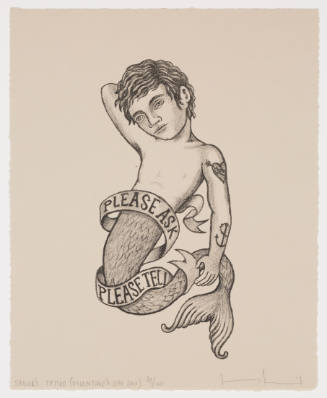 Young coquettish merman with sash encircling him with text “PLEASE ASK, PLEASE TELL”