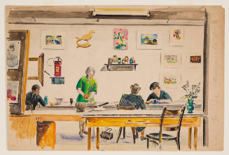 Colorful watercolor drawing of four figures at a table surrounded by art and artist materials