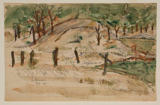 Watercolor landscape with broken fencing in front of an earthen mound surrounded by trees