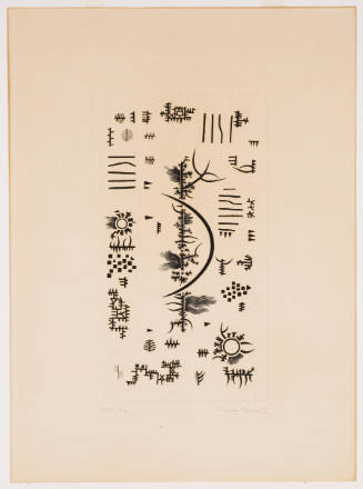 Etching of various symbols, many composed of small lines, in black on beige paper