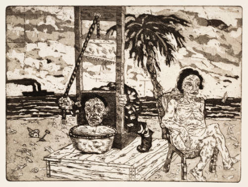 Beach scene with man operating a guillotine on himself next to seated nude woman